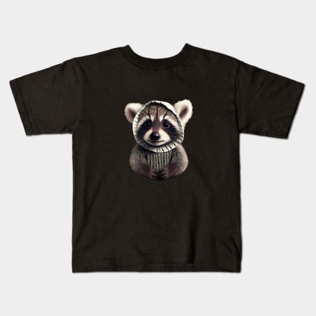 Baby raccoon wears bonnet Kids T-Shirt by Raccool